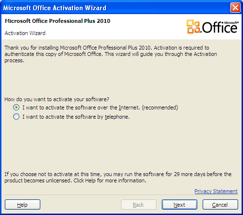 microsoft office 2010 activation
